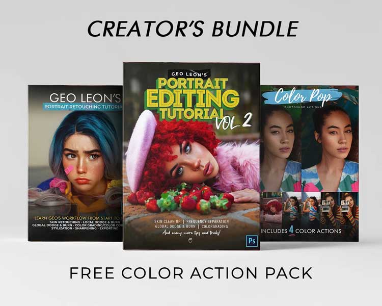 Geo Leon's Portrait Retouching Tutorial VOLUME I & II + Color Action pack Bundle with BONUS