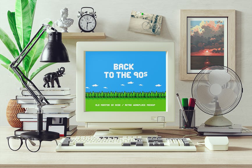 Old Monitor On Desk / Retro Workplace Mockup