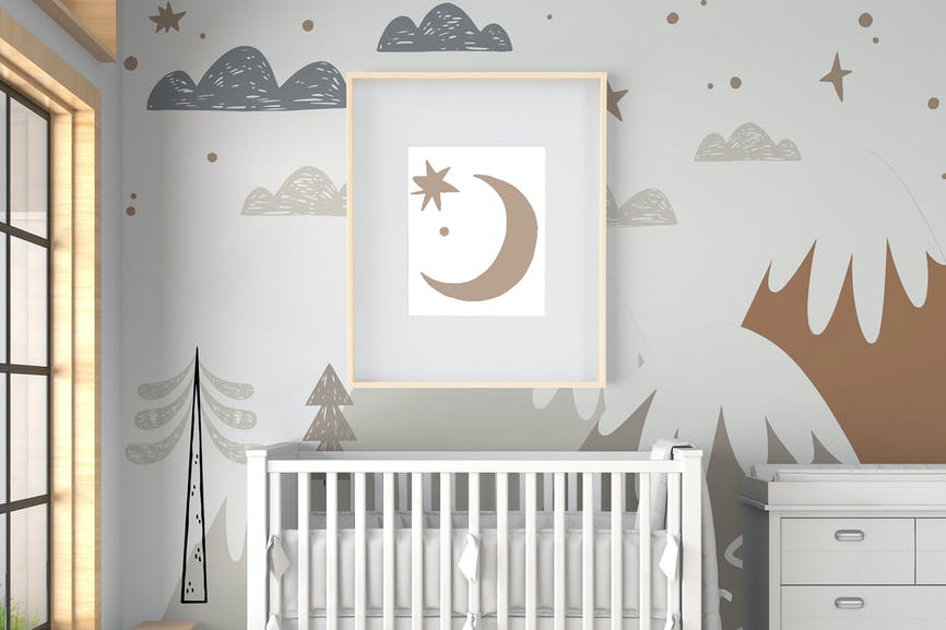 Baby Room with Mural Wall and Frames Mockup C83UZKH