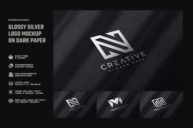 Glossy Silver Logo Mockup on Dark Paper XTU5C5P