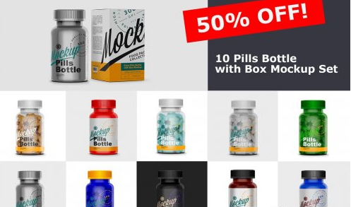 CreativeMarket - Pills Bottle with Box Mockup Set 6374641