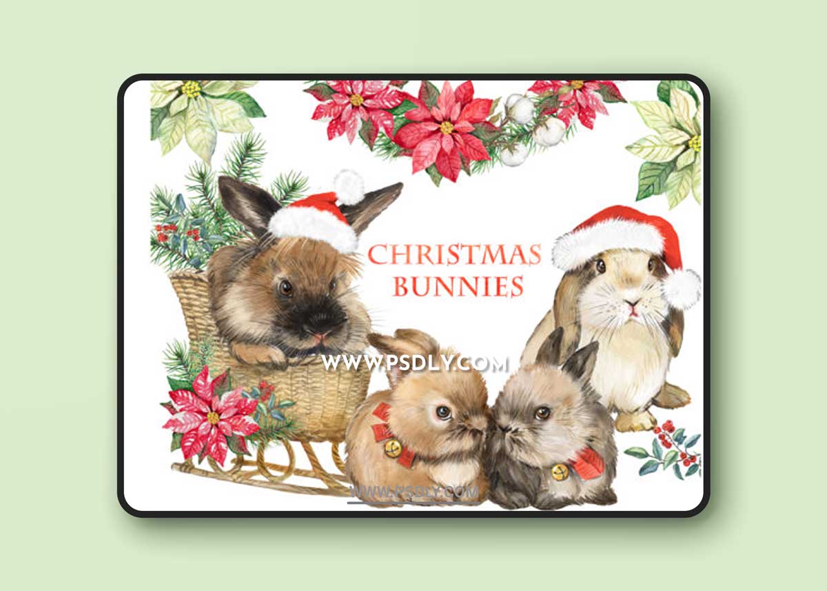 Watercolor Christmas Rabbits and House Clipart CV8WJJV
