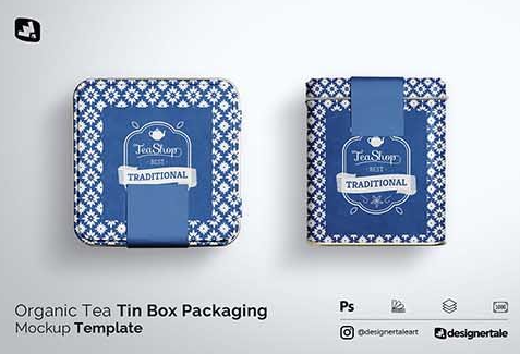 CreativeMarket - Organic Tea Tin Box Packaging Mockup 5340759