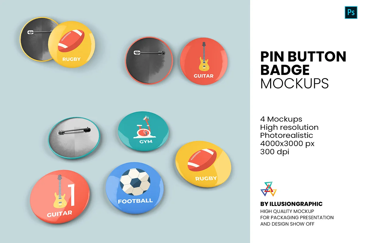 CreativeMarket - Pin Button Badge Mockup - 4 Views 5672634