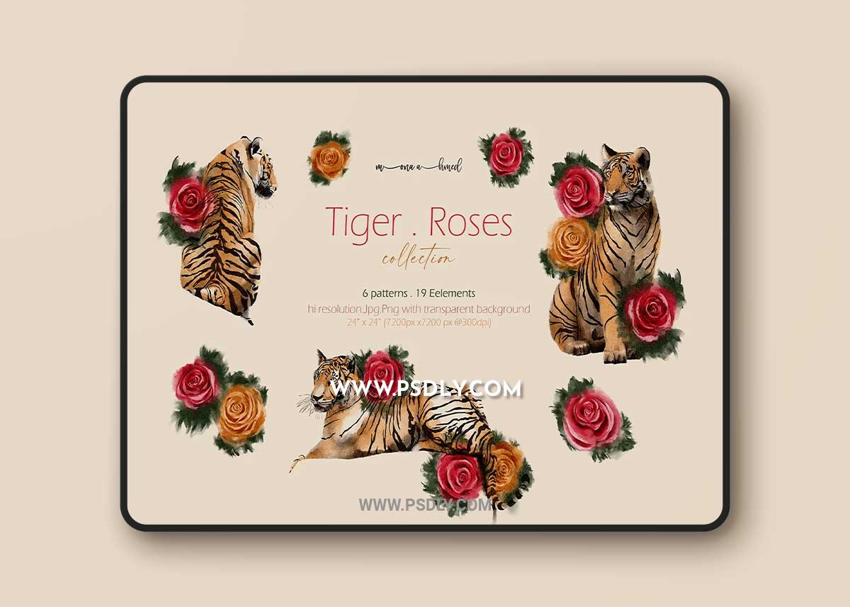 CreativeMarket - Tigers & Roses watercolor collection 6941142