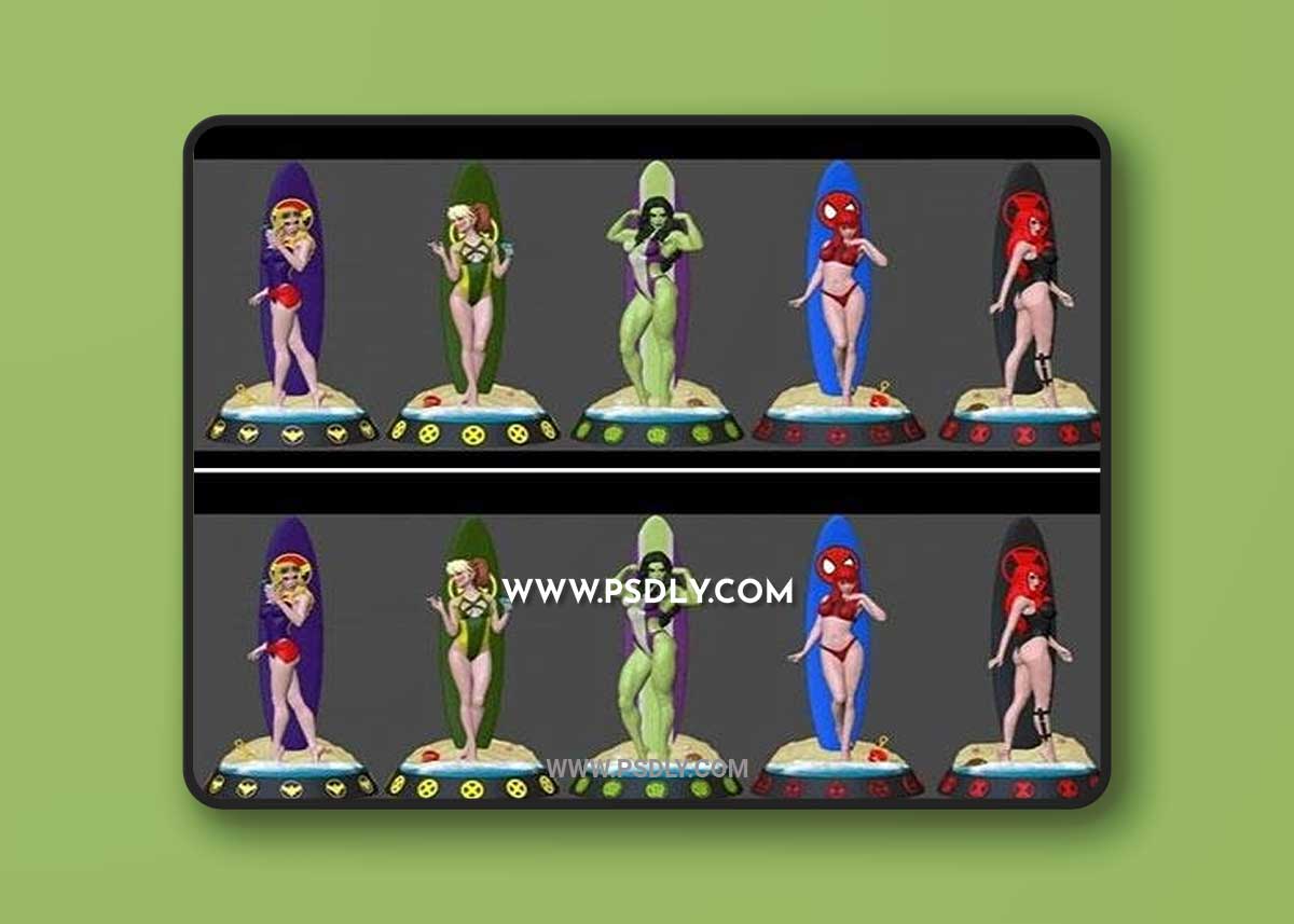 Surfers Marvel - Black Widow, Captain Marvel, MJ, Rogue, She Hulk 3D Print Model