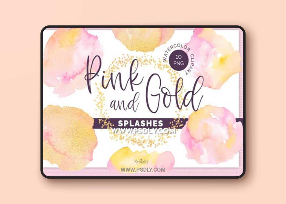 Pink & Gold Splashes - 10 Watercolor Cliparts