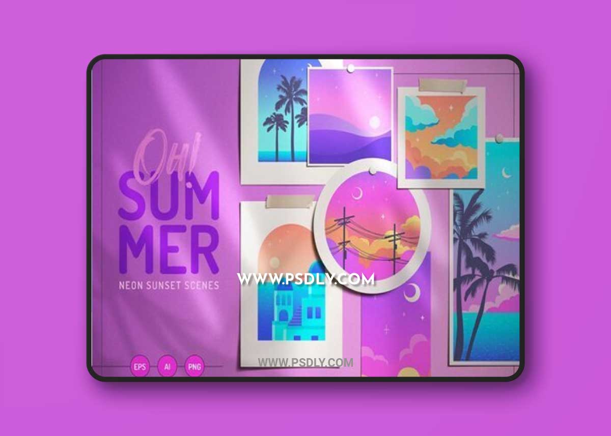CreativeMarket - Oh Summer Neon sunset scene set 6211892