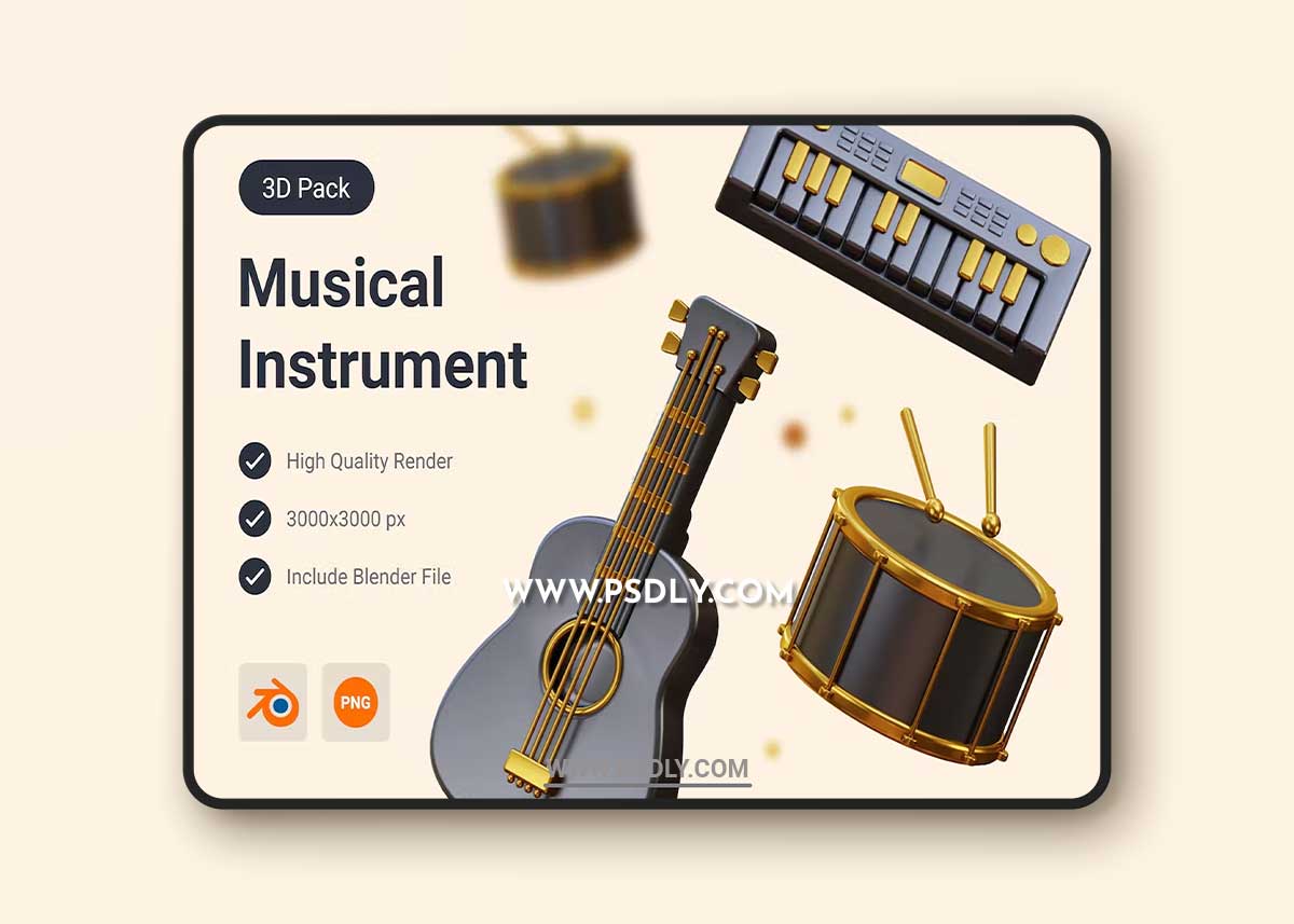 Acoustic Guitar, Drum & Piano 3D Illustration