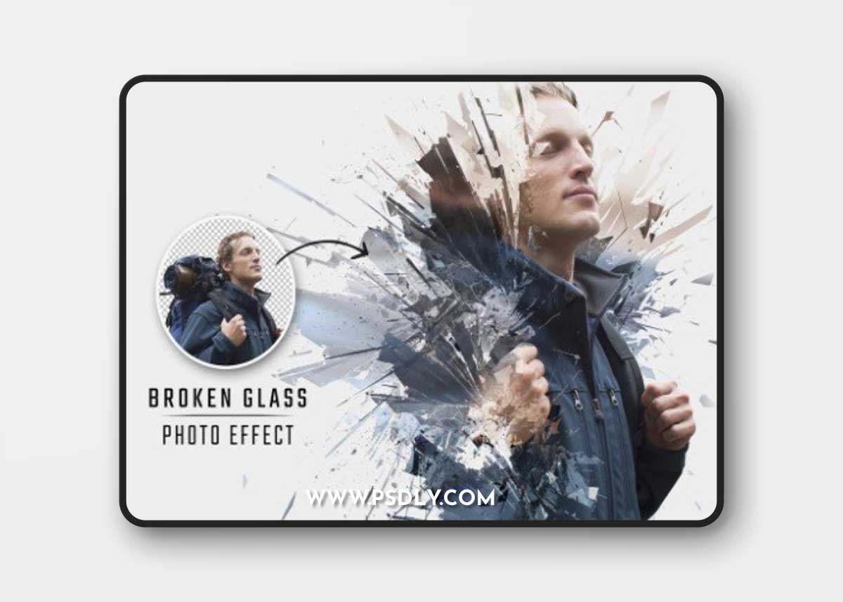 Shattered glass explosion dispersion photo effect mockup