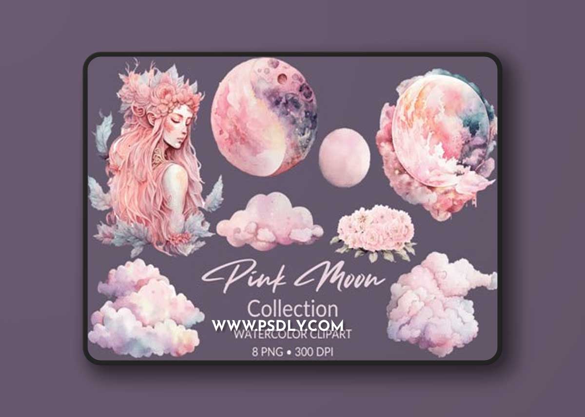 Watercolor Pink Moon PNG Clipart Pack