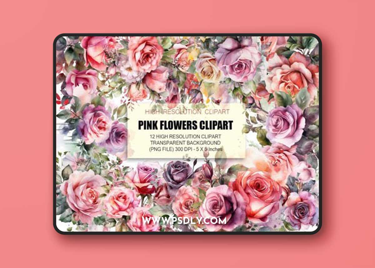 Watercolor Pink Flowers Clipart Collection