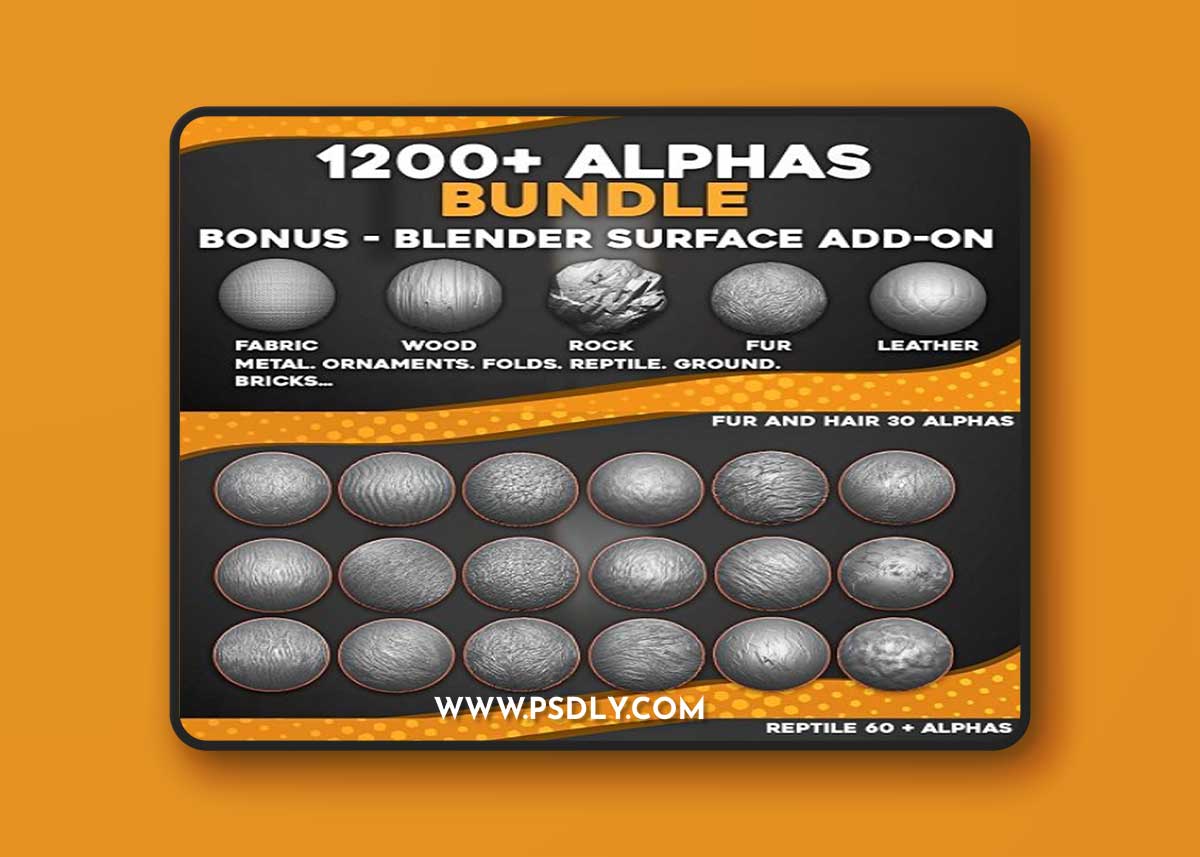 Artstation - 1200+ Alphas Bundle for ZBrush, Blender. Surface Add-on for Blender