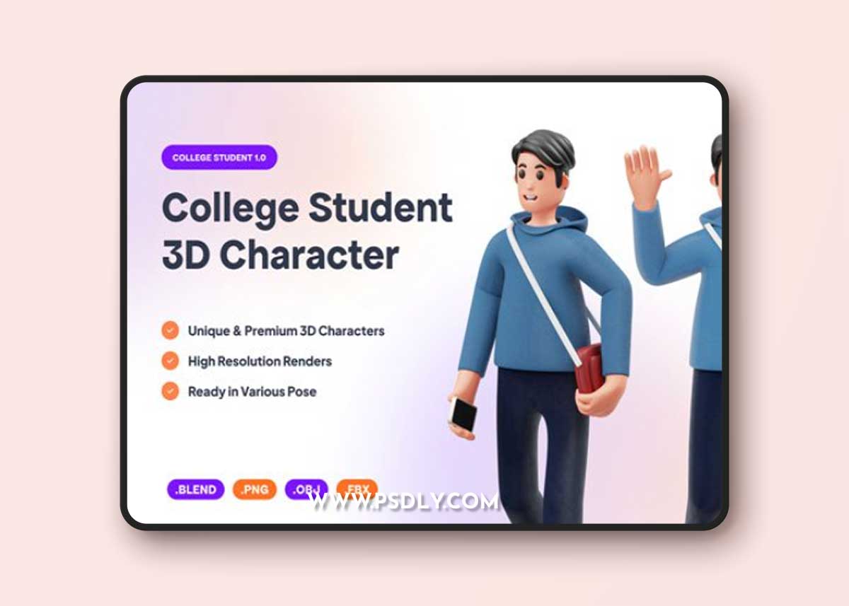 College Student 3D Character Illustration Ui8.net
