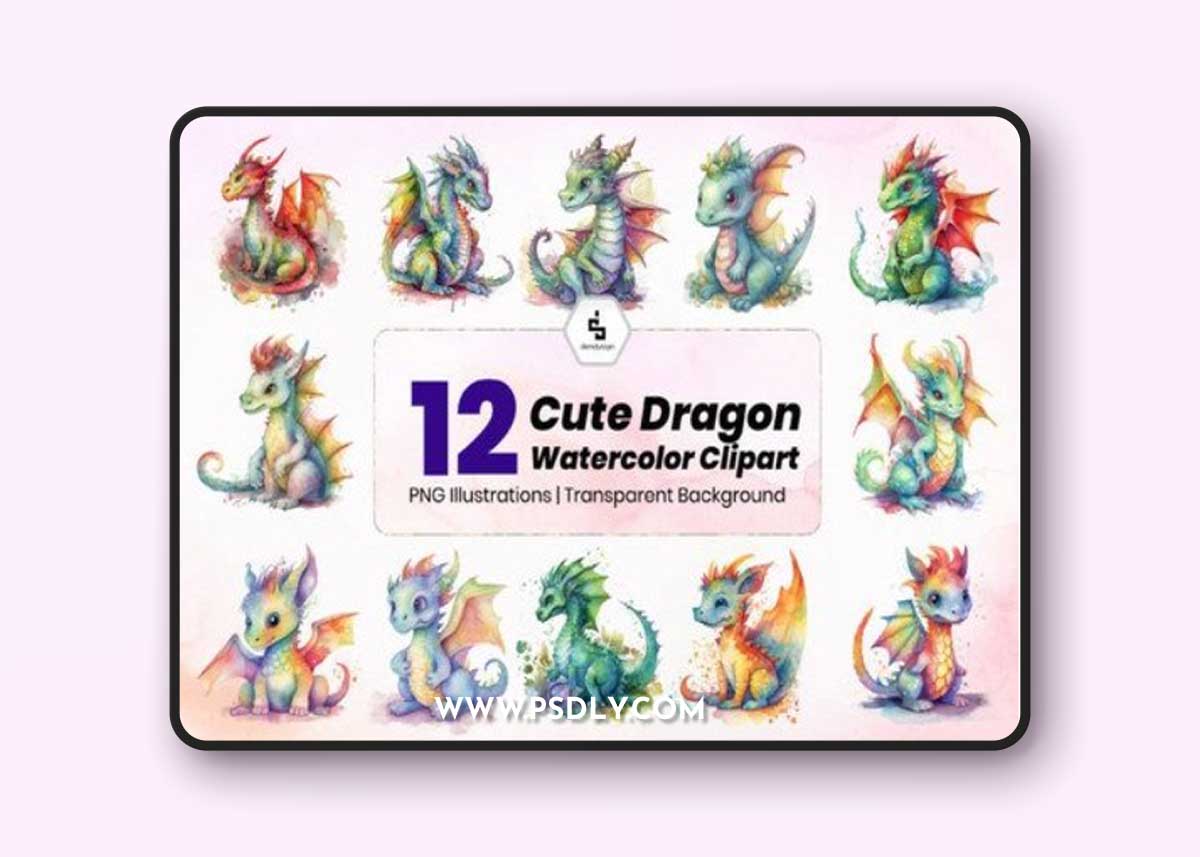 Cute Dragon Watercolor Clipart Bundle