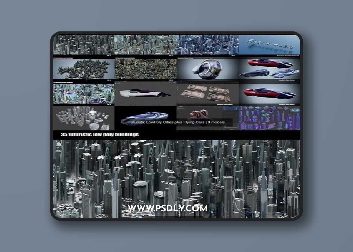 180 Lowpoly Futuristic Cities plus Lowpoly Flying Cars.