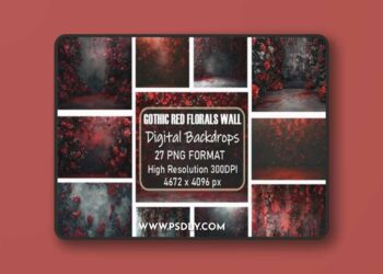 Gothic Red Flowers Wall Digital Backdrop Bundle